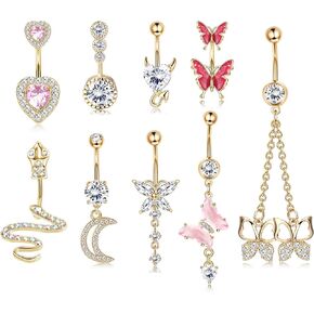 TEN MIRO 14G Dangle Belly Button Rings - Snake, Evil Eye, Heart & CZ Pink Butterfly Navel Rings - 316L Stainless Steel Belly Piercing Jewelry (Pink Butterfly-Gold)