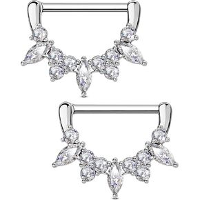 OUFER 2PCS Shield Nipple Rings for Women, 316L Surgical Steel Nipple Piercing Jewelry, Clear CZ Clicker Body Piercing Jewelry Barbells-14mm
