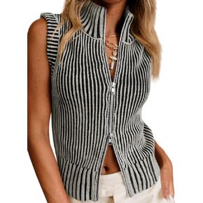 Saodimallsu Womens Zip Up Sweater Vest Sleeveless Ribbed Knit V Neck Collared Striped Tank Tops
