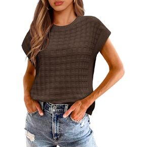 Saodimallsu Womens Cap Sleeve Sweater Tops Casual Crew Neck Sleeveless Loose Knit Summer Lightweight Pullover Top