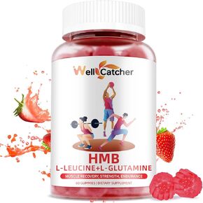 HMB and Leucine Gummies Supplements: HMB and Leucine Amino Acid for Men Women with L-Glutamine for Muscle Growth Fast Workout Recovery, Sugar Free Vegan Non-GMO Strawberry Flavored 30 Day Supply