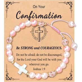 Adjustable Pink Pearl Cross Bracelet Baptism Confirmation First Communion Religious Gifts for Girls, Daughter, Granddaughter, Niece