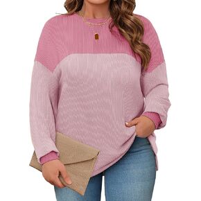 Womens Plus Size Sweatshirt Color Block Side Split Long Sleeve Crewneck Casual Loose Pullover Shirt Top in Saudi Arabia
