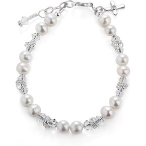 Precious Pieces Children's Sterling Silver First Communion, Baptism Cross Bracelet with Cultured Pearl and Crystal for Babies, Toddlers and Girls