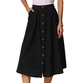 تنورة Allegra K Cotton Midi للسيدات الصيفي للسيدات الزر غير الرسمي ديكور مرنة الخصر A-Line مع جيب