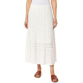 WallFlower Women's Carmen Crinkle Rayon Gauze Tiered Maxi Skirt with Crochet