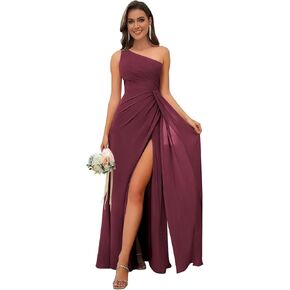 One Shoulder Bridesmaid Dresses for Women Ruched Chiffon A Line Evening Formal Gown with Slit