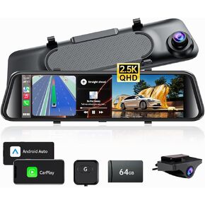 2.5K Mirror Dash Cam with Carplay Mirror & Android Auto, Dash Cam Front and Rear with Zoom Function,12 inches Rear View Mirror Camera with Voice Control/BT Call/64GB Card Included-JOMISE K17 Pro