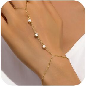 Dainty Pearl Hand Bracelet for Women,925 Sterling Silver CZ Lucky Flower Ring Bracelets to Daughter Mom 14K Gold Plated Trendy Hand Finger Charm Chain Wedding Birth Graduation Gift Jewelry for Her
