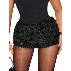 Women's Y2K Sequin Fuzzy Mini Shorts Elastic Waist Low Rise Glitter Party Shorts Bottoms