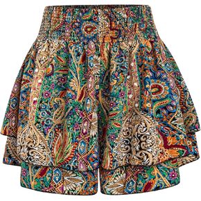OYOANGLE Women's Plus Size Paisley Print Shorts Elastic High Waist Ruffle Loose Boho Shorts