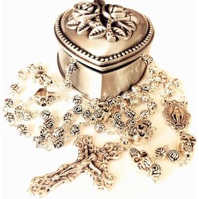 الأنيقة MediMade Silver Skull & Rose Rosary Beads Necklace Catholice Italy Crucifix Cross Gift Metal Box