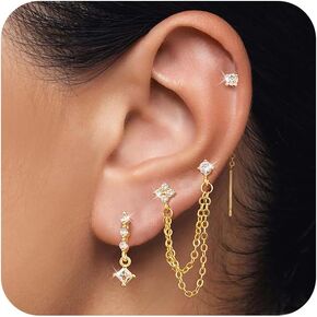 Gold Chain Earrings for Women Dainty Long Dangle Earrings Set, Trendy Hoop Cubic Zirconia Stud Earring Stack, Hypoallergenic Drop Earrings Jewelry for Womens 3 Pairs