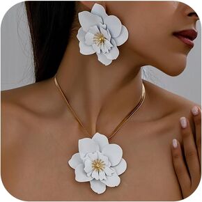 Gold Flower Earrings Necklace Set Spring Earrings for Women Flower Pendant Necklace White Flower Statement Earring Spring Trendy Jewelry Dresses