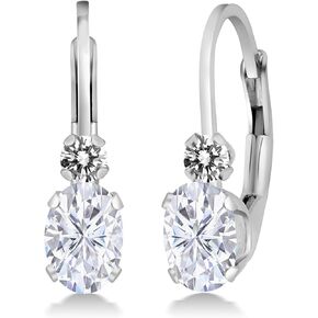 Gem Stone King 14K White Gold Moissanite and White Diamond Leverback Earrings For Women | 1.07 Cttw | Gemstone | Oval 6X4MM, Round 2MM | 3/4 Inch