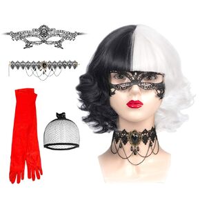شعر مستعار Cruella Deville بالأبيض والأسود للنساء والأطفال - شعر مستعار صناعي مقاوم للحرارة لعيد الهالوين ، عشرينيات القرن العشرين