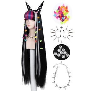 ColorGround Long Black Cosplay Wig Set with Butterfly Hair Clips Necklace Earrings for Cons and Parties (Long Black)