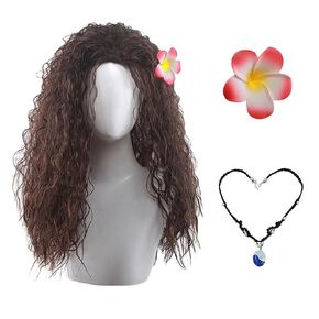 Women Adventure Princess Wigs لعيد الهالوين طويل البني الداكن البني شعر مستعار مع البليومريا زهرة قلادة الباروكات
