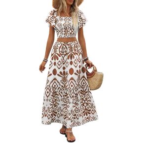 Summer Boho Dress for Women Beach Vacation,2 Pieces Casual Ruffle Smocked Crop Tops and Flowy Maxi Skirts Set