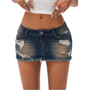 Makemechic Women's Denim Mini Mini Skirt Low Weist Law Hem Bodycon Out Jean Jean Tairts