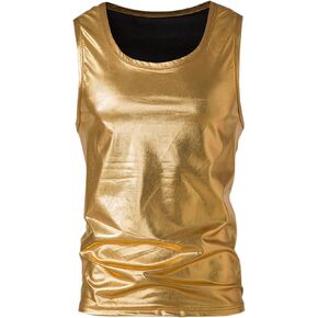 Lars Amadeus Golden Metallic Tank Top for Men's Round Neck Shiny Disco Party Sleeveless Vest Large