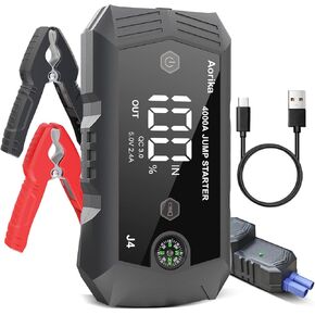 Car Battery Jump Starter, Portable 4000A Peak Battery Charger (All Gas/12.0L Diesel) Jump Starter, 12V Car Jumper Starter with Safety Jumper Cables, Lights, Fast Charging