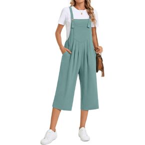 TAOHUADAO Womens Adjustable Jumpsuits Casual Wide Leg Overalls Summer Boho Sleeveless Loose Rompers with Pocket L, Blue Green