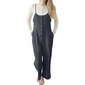 Women's Cotton Linen Overalls Summer Boho Sleeveless Jumpsuit Spaghetti Straps Romper with Pockets