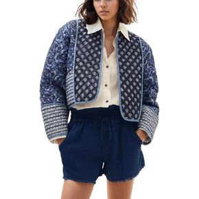 Aimiray Women's Cropped Floral Puffer Jacket Cardigan Printed Lightweight Open Front Padded Quilted Coats(Navyblue-XS)