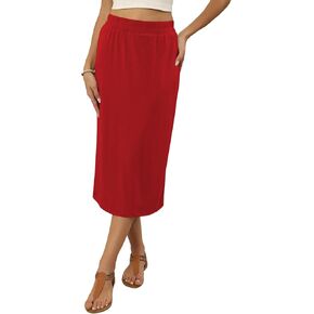 Naggoo Womens Midi Skirts Summer Elastic High Waisted Back Slit Long Straight Skirt Below Knee