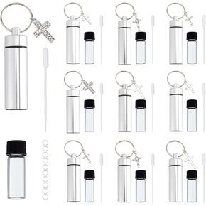 NICENEEDED 10 Sets Holy Water Bottles Keychain, Empty Aluminum Oil Vial, Anointing Bottles Catholic Christian Holy Clear Glass Container with Eyedropper Keychain Cross Pendant Vial Precision Dropper