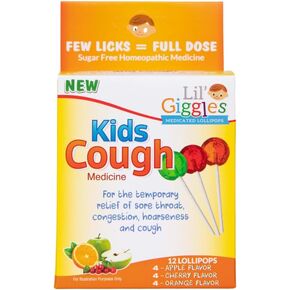 Lil 'Giggles Kids Medicated Lollipops - Sweet Gentle Relief for Kids وغير الأطفال - الأطفال السعال ، التهاب الحلق ، الازدحام والبحسن - علاج المعالجة المثلية للأطفال - Apple و Cherry & Orange 12 Ct