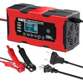 Battery Charger, 10A 12V LiFePO4 Lead Acid Portable Car Battery Charger 8-Stage Trickle Charger Smart Battery Maintainer w/Temp Compensation for Car Truck Motorcycle Lawn Mower，LCD Display