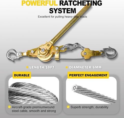 Come Along Winch Puller 3T 10FT, Cable Hoist Winch Puller with 2 Hooks, Come Along Tool Heavy Duty, Ratchet Puller for Lifting Pulling Construction Building in Saudi Arabia