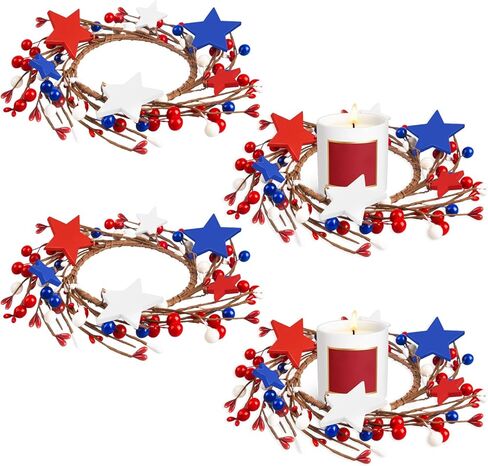 4 Pcs Patriotic Candle Rings Independence Day Artificial Flower Wreath Red Blue White Candle Holder for 4th of July Memorial Day Home KitchenTabletop Decor in Kuwait