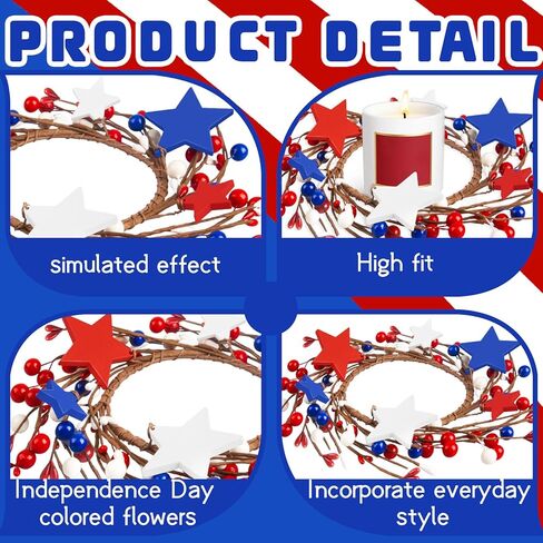 4 Pcs Patriotic Candle Rings Independence Day Artificial Flower Wreath Red Blue White Candle Holder for 4th of July Memorial Day Home KitchenTabletop Decor in Kuwait