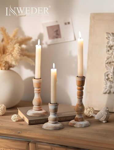 Wooden Taper Candle Holders: Wood Candlestick Holders Rustic Farmhouse Fall Decor for Living Room Dinning Table Centerpiece Christmas Set of 3 in Kuwait