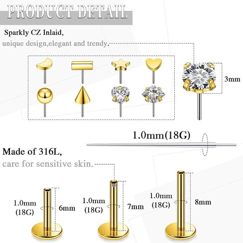 20G 18G 16G Threadless Push in Nose Ring Studs Flat Back Stud Earrings 316L Surgical Steel Tragus Helix Cartilage Earrings Lip Labret Medusa Piercing Jewelry For Women Men in Kuwait
