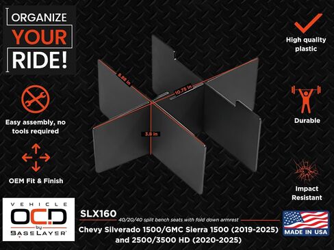 Vehicle OCD - Center Seat Console Organizer for Chevy Silverado/GMC Sierra 1500 (2014-18) 2500/3500 HD (2015-19) / Suburban/Tahoe/Yukon (2015-20) (40/20/40 seat ONLY) - Made in USA in Saudi Arabia