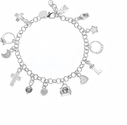 S925 Silver Thirteen Charms Bracelet for Women，Star Key Heart Cross Moon and Cubic Zircon Lock Pendant，Waterproof Dazzling Charms for Every Occasion in Saudi Arabia