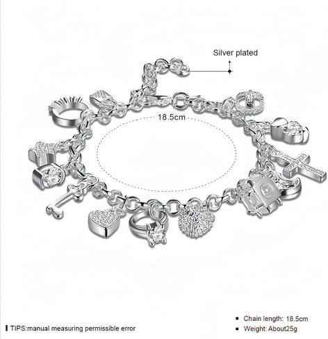 S925 Silver Thirteen Charms Bracelet for Women，Star Key Heart Cross Moon and Cubic Zircon Lock Pendant，Waterproof Dazzling Charms for Every Occasion in Saudi Arabia