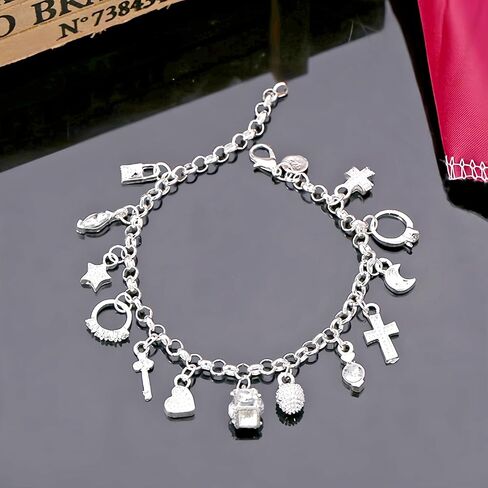 S925 Silver Thirteen Charms Bracelet for Women，Star Key Heart Cross Moon and Cubic Zircon Lock Pendant，Waterproof Dazzling Charms for Every Occasion in Saudi Arabia
