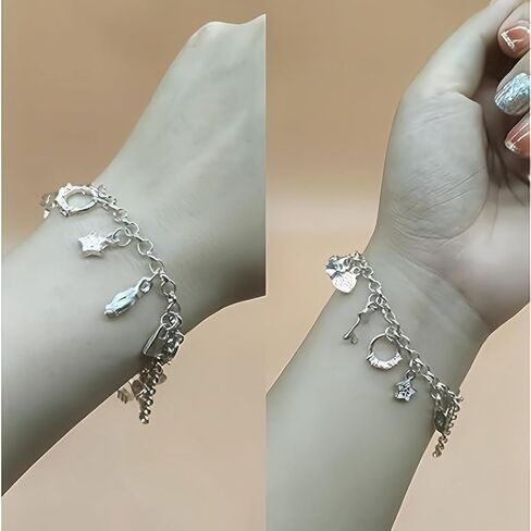 S925 Silver Thirteen Charms Bracelet for Women，Star Key Heart Cross Moon and Cubic Zircon Lock Pendant，Waterproof Dazzling Charms for Every Occasion in Saudi Arabia