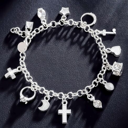 S925 Silver Thirteen Charms Bracelet for Women，Star Key Heart Cross Moon and Cubic Zircon Lock Pendant，Waterproof Dazzling Charms for Every Occasion in Saudi Arabia
