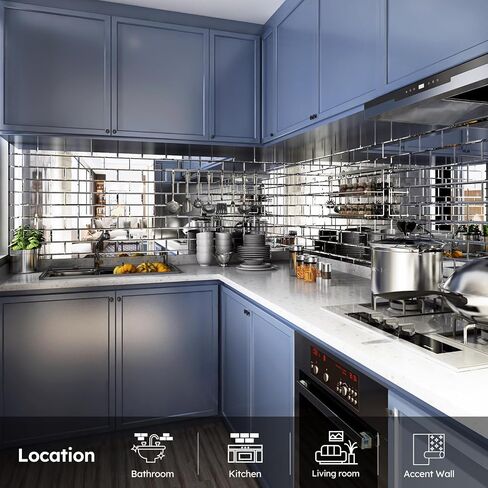 Diflart Peel and Stick Mirror Backsplash, Silver, 4x8 Inch, Beveled Mirror Subway Kitchen Bar Wall Tile (5.8 Sq.ft, 26 Pcs) in Saudi Arabia