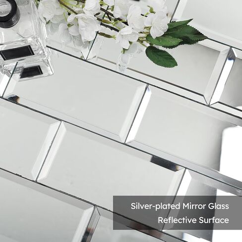 Diflart Peel and Stick Mirror Backsplash, Silver, 4x8 Inch, Beveled Mirror Subway Kitchen Bar Wall Tile (5.8 Sq.ft, 26 Pcs) in Saudi Arabia