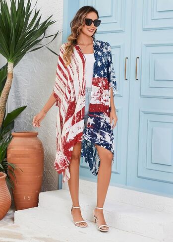 Women's American Flag Beachwear cover up Cardigan Loose Tops Shirt in Kuwait