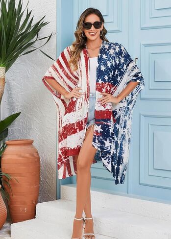 Women's American Flag Beachwear cover up Cardigan Loose Tops Shirt in Kuwait