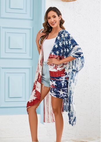Women's American Flag Beachwear cover up Cardigan Loose Tops Shirt in Kuwait