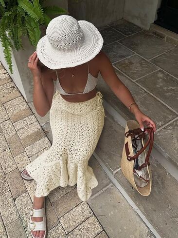 Saodimallsu Womens Crochet Cover Up Skirt High Waisted Sheer Knit Summer Swimsuit Coverup Beach Fishtail Maxi Skirts in Saudi Arabia